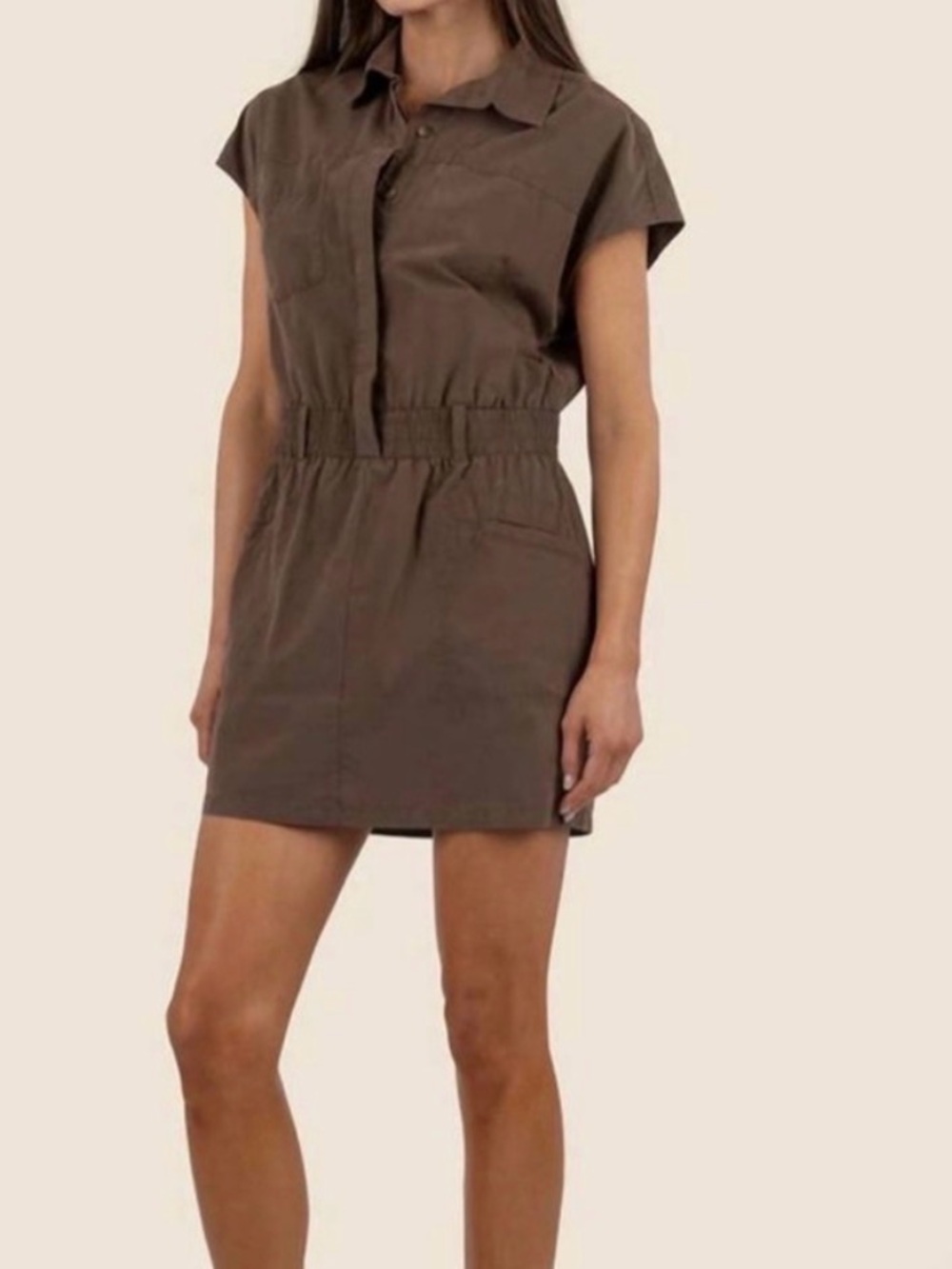 Kut from the Kloth Brown Cap-Sleeve Utility Shirt Dress